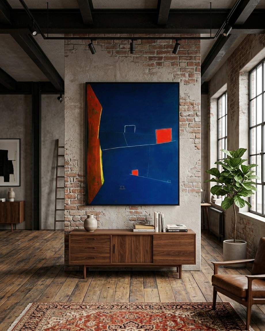 Presentation of the abstract artwork GRADUS mounted on an exposed brick wall in a spacious industrial living room. Below the work is a dark wood console or sideboard with several books and a decorative ceramic vase, surrounded by indoor plants and a natural wood floor.