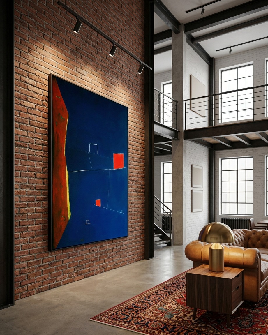 Three-quarter perspective view of a large vertical abstract painting hanging on an exposed brick wall inside an industrial loft. The painting features a deep cobalt blue field with a textured rust-orange vertical band on the left and two small red squares supported by thin white lines in the center. In the background, a double-height steel staircase, a brown leather sofa, and track lighting on the ceiling are visible.